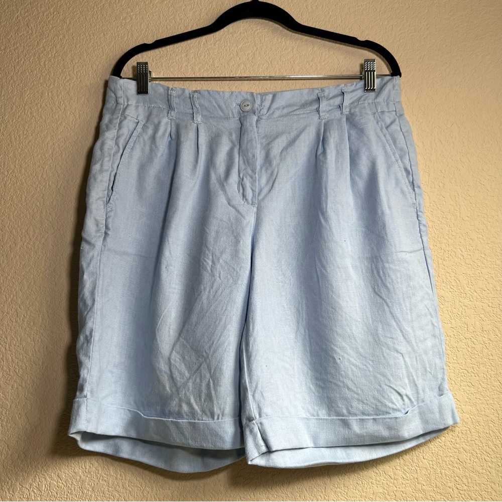 Freda Sky Light Blue 100% Linen Wide Leg Pleated Cuffed Shorts, fits S or M